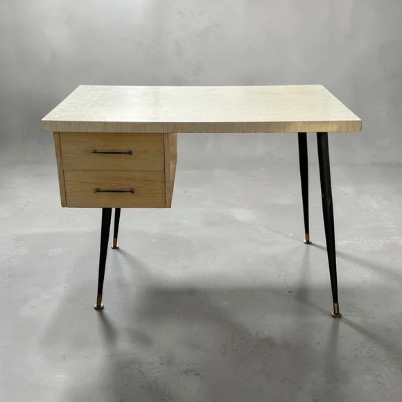 Mid-Century Modern Home Office Desk in Light Wood and Black - Picture 1 of 16